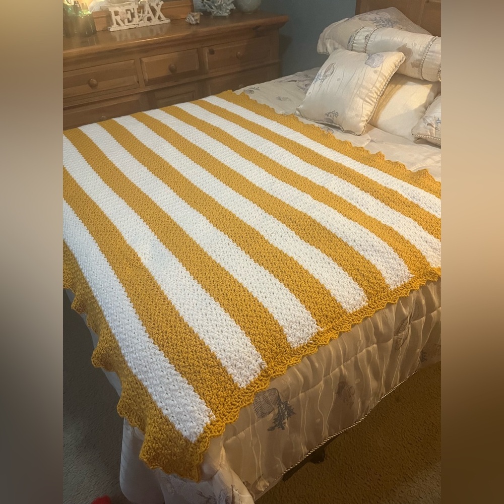 Handmade Cozy Gold/White Striped Crocheted Blanket